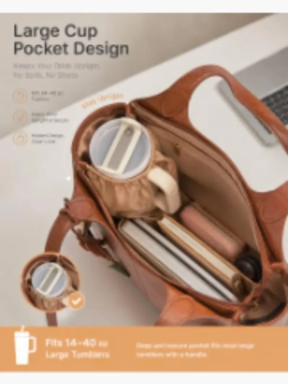 Vegan Leather Tote Bag with 40oz Cup Holder, Laptop Sleeve